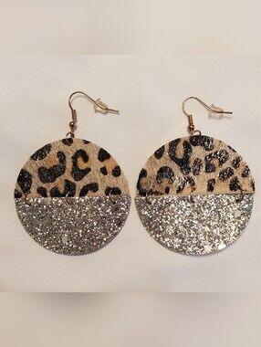 Leopard Print & Silver Glitter Circle Drop Earrings Faux Leather Split Disc New